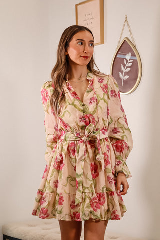 mini dress, floral dress, long sleeve dress, v neck dress, dresses with belt, summer dress, spring dress, vacation dress