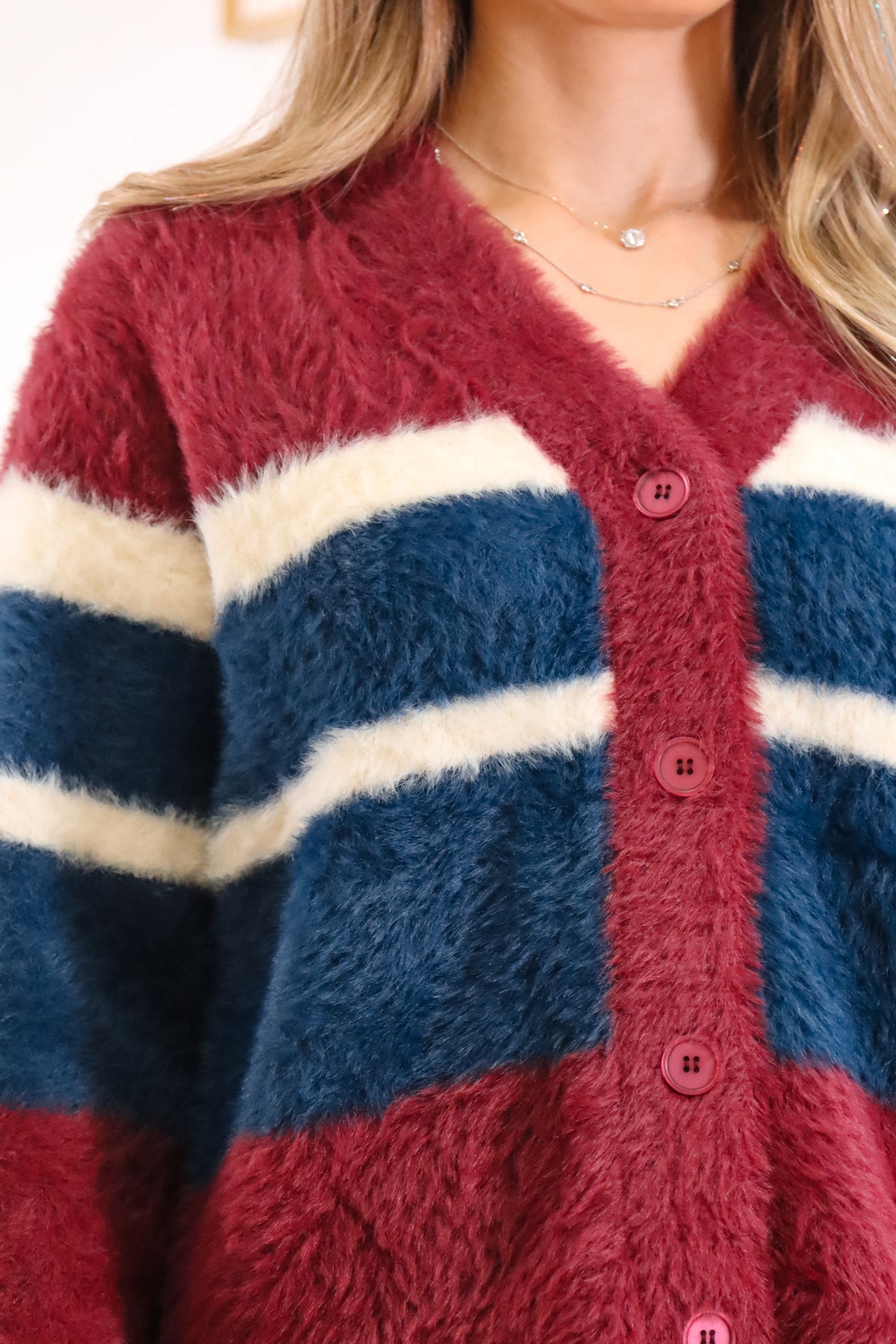 Stripped cardigan, cardigan, fuzzy cardigan, fuzzy stripped cardigan, red white and blue cardigan, v neck cardigan