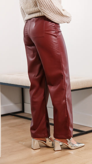 red pants, red faux leather pants, faux leather pants, fall pants, high rise faux leather pants