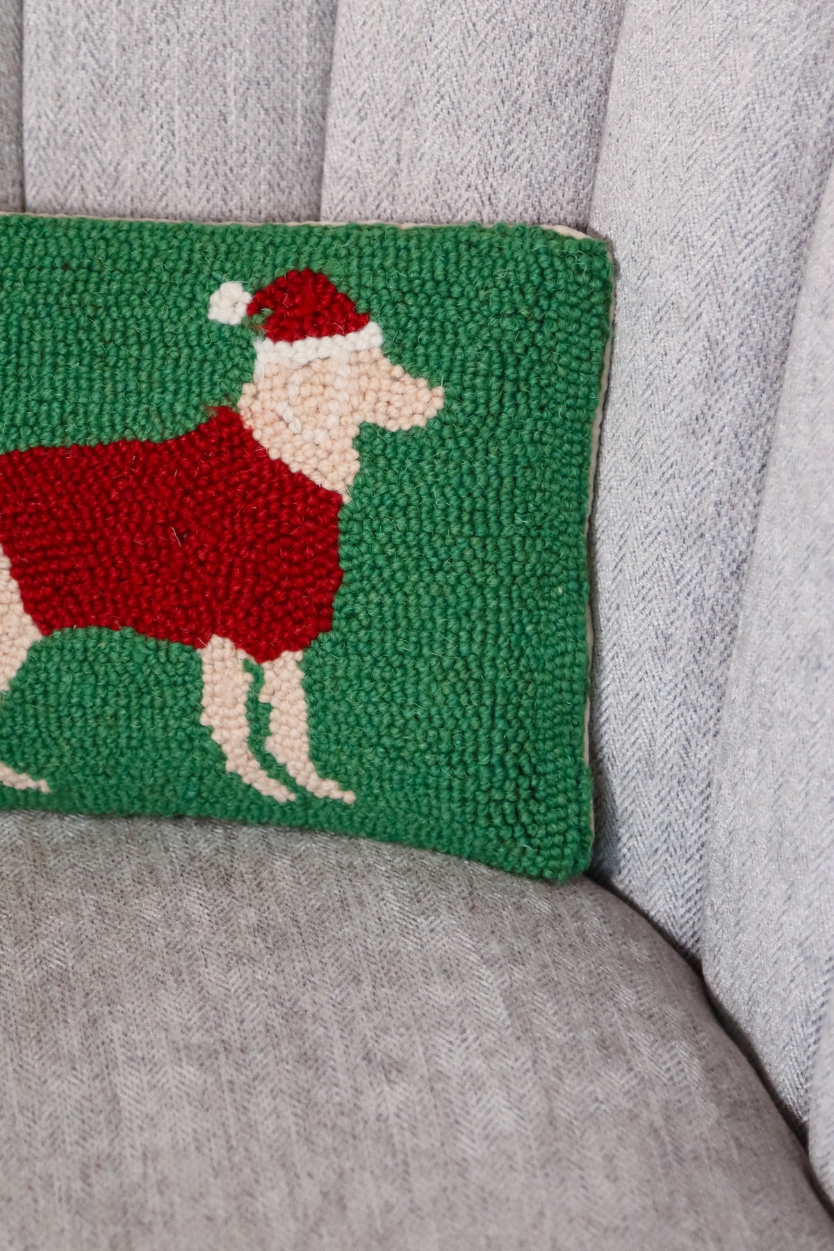 Green dog dressed as Santa pillow, festive pillow, holiday throw pillow