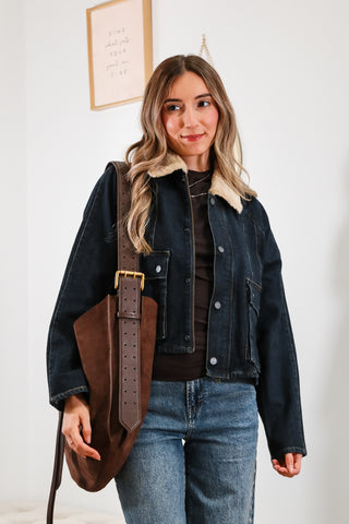 Denim jacket, cropped denim jacket, fall jacket, fall outfit inspo, jacket with fur collar