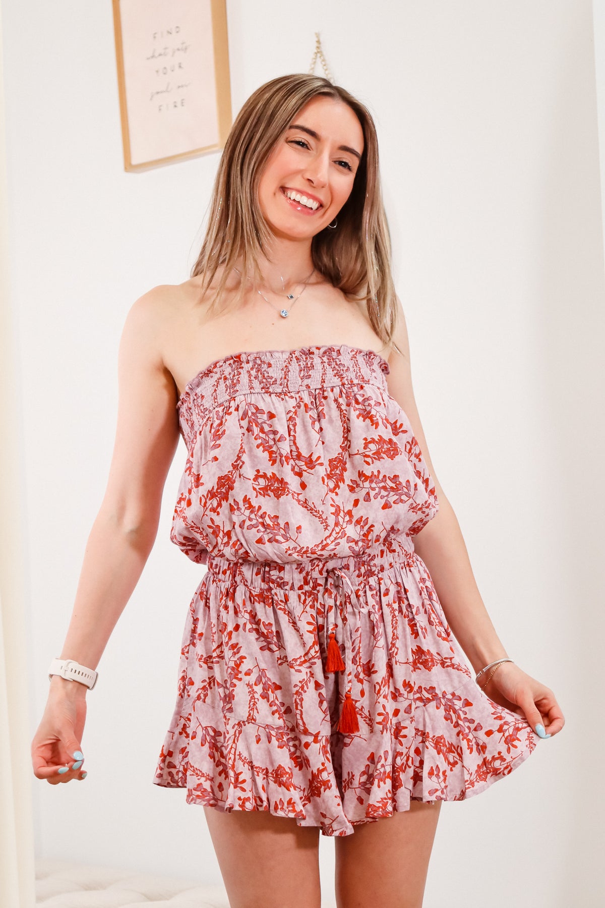 purple and red strapless romper, adjustable tie waist, summer outfit