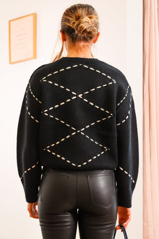 Black sweater with white stitching, Black fall sweater, Fall sweater, White stitched sweater