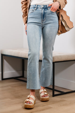 Crop flare jeans, light wash jeans, high rise jeans