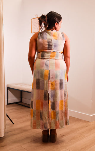 linen dress with watercolor paint swatch print, midi length, sleeveless