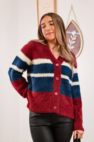 Stripped cardigan, cardigan, fuzzy cardigan, fuzzy stripped cardigan, red white and blue cardigan, v neck cardigan