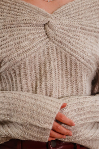 sweater, off the shoulder sweater, fall outfit inspo, oatmeal color sweater, front twist sweater, front twist off the shoulder sweater