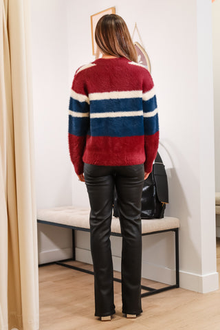 Stripped cardigan, cardigan, fuzzy cardigan, fuzzy stripped cardigan, red white and blue cardigan, v neck cardigan