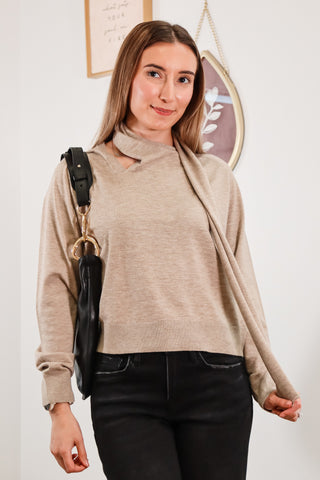 beige sweater, fall sweater, fall outfit inspo, sweater with scarf, beige sweater with scarf