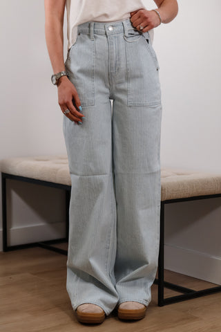 High rise jeans, wide leg jeans, stripped denim, stripped pants