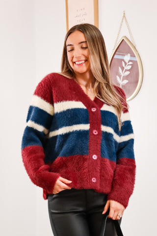 Stripped cardigan, cardigan, fuzzy cardigan, fuzzy stripped cardigan, red white and blue cardigan, v neck cardigan