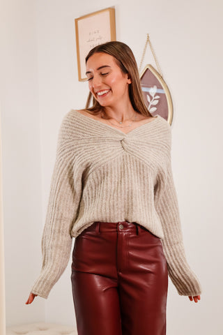 sweater, off the shoulder sweater, fall outfit inspo, oatmeal color sweater, front twist sweater, front twist off the shoulder sweater
