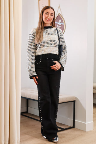 Cropped sweater, Black and white and fun patterned cropped black sweater, Fall/winter Black and white Cropped sweater