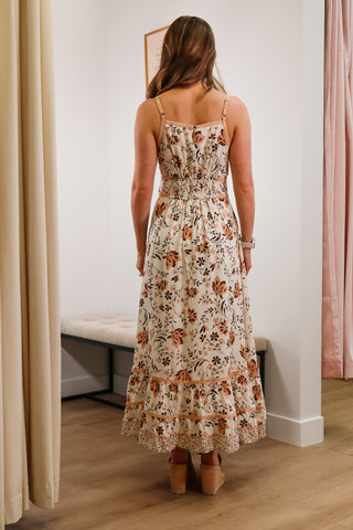 Flowy floral maxi dress, high neck, adjustable spaghetti straps, neutral colors