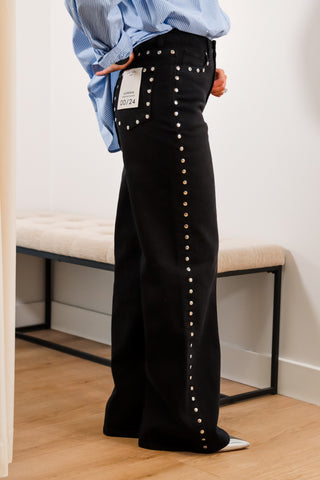 Studded jeans, black jeans, black studded jeans, wide leg jeans, high rise jeans, fall jeans, black denim