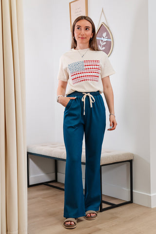 patriotic flag top, patchwork, t-shirt, blue jean pants, adjustable tie waist, casual outfit, summer outfit