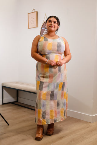 linen dress with watercolor paint swatch print, midi length, sleeveless