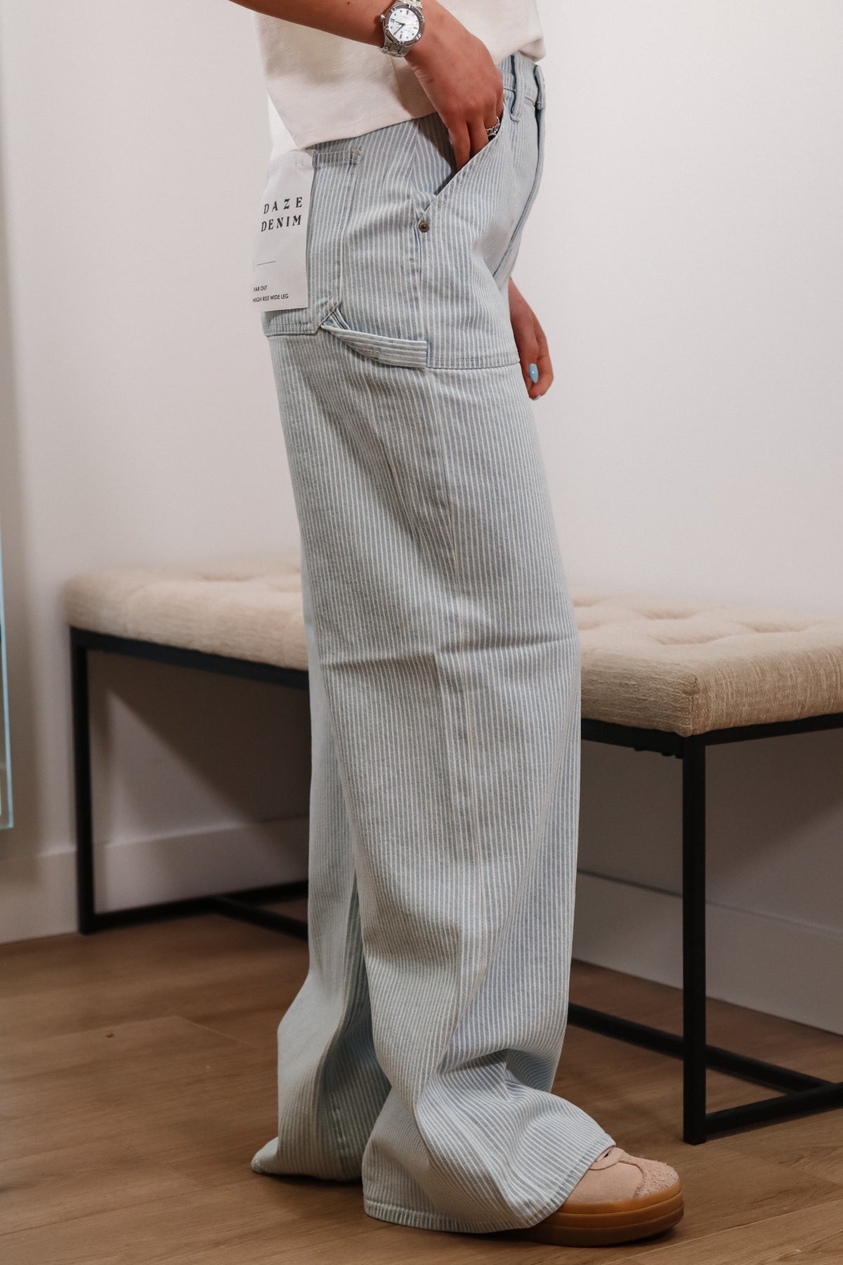 High rise jeans, wide leg jeans, stripped denim, stripped pants