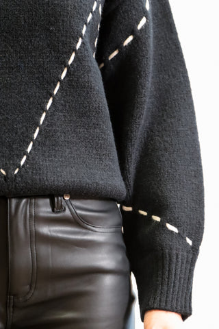 Black sweater with white stitching, Black fall sweater, Fall sweater, White stitched sweater