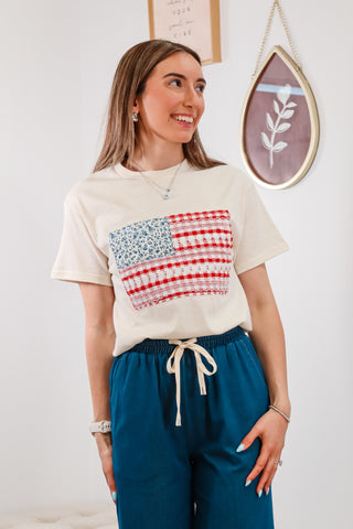 patriotic flag top, patchwork, t-shirt, blue jean pants, adjustable tie waist, casual outfit, summer outfit