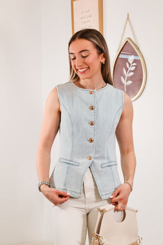 Vest top, denim vest, tops, blue tops