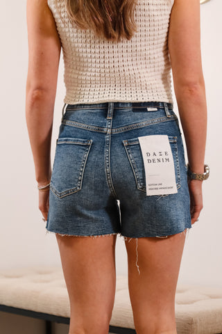 Denim shorts, high rise denim shorts, dark wash denim shorts