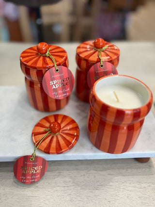 spiced apple paddywax candle in cute orange striped jar