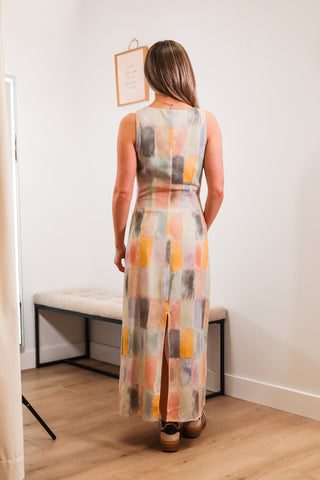 linen dress with watercolor paint swatch print, midi length, sleeveless