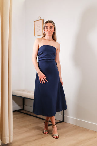 strapless navy blue dress with adjustable side scrunch, midi length dress, spring dress