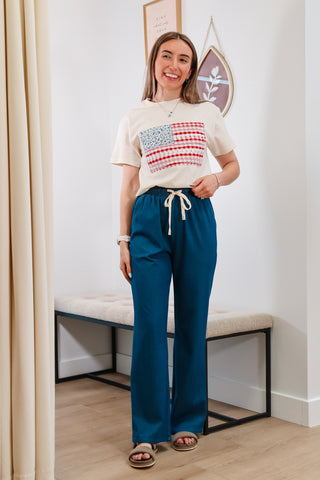 patriotic flag top, patchwork, t-shirt, blue jean pants, adjustable tie waist, casual outfit, summer outfit