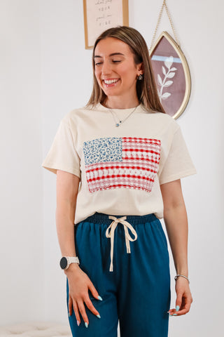 patriotic flag top, patchwork, t-shirt, blue jean pants, adjustable tie waist, casual outfit, summer outfit