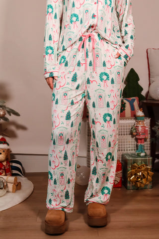 white pajama set, white and pink pajama set, white and green pajama set, christmas pajama set, holiday pajama set, button down pajama set, white button down pajama set, white and pink button down pajama set, white and green button down pajama set, holiday gift ideas, birthday gift ideas