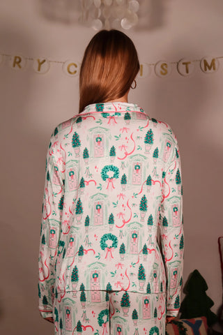 white pajama set, white and pink pajama set, white and green pajama set, christmas pajama set, holiday pajama set, button down pajama set, white button down pajama set, white and pink button down pajama set, white and green button down pajama set, holiday gift ideas, birthday gift ideas