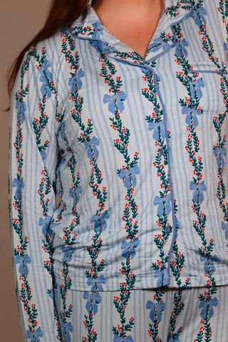 Pajama sets, holiday pajama sets, blue pajama sets, holiday gift ideas, button down pajama sets, blue button down pajama sets, birthday gift ideas