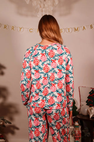 ornament pajama set, pink pajama set, pink and green pajama set, christmas pajama set, holiday pajama set, holiday gift ideas, birthday gift ideas