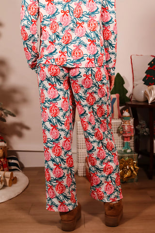 ornament pajama set, pink pajama set, pink and green pajama set, christmas pajama set, holiday pajama set, holiday gift ideas, birthday gift ideas