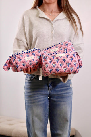 Quilted Pouch - Large - Pink Daisies