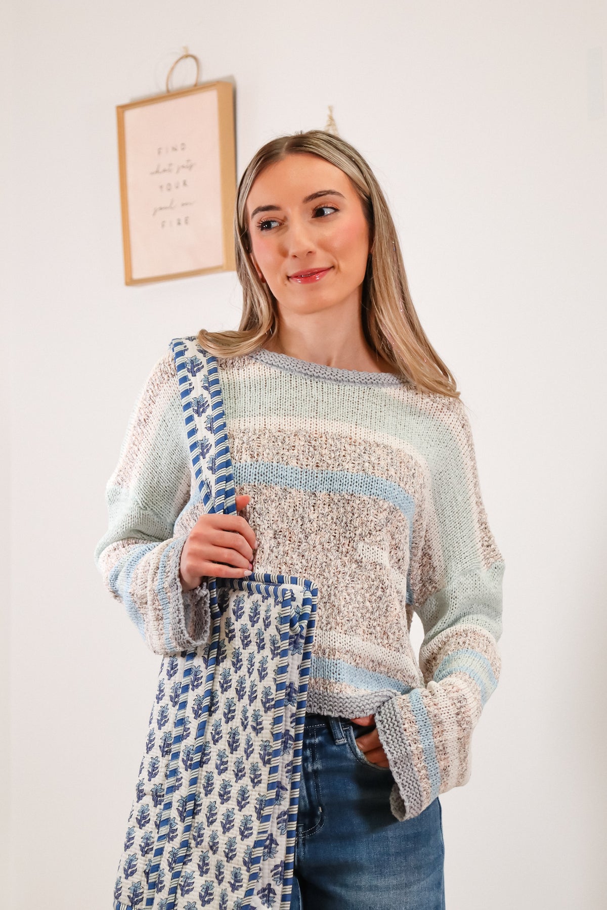 mixed knit sweater, mulit color sweater in shades of blue, grey, and white, long sleeves, oversized