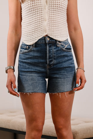Denim shorts, high rise denim shorts, dark wash denim shorts