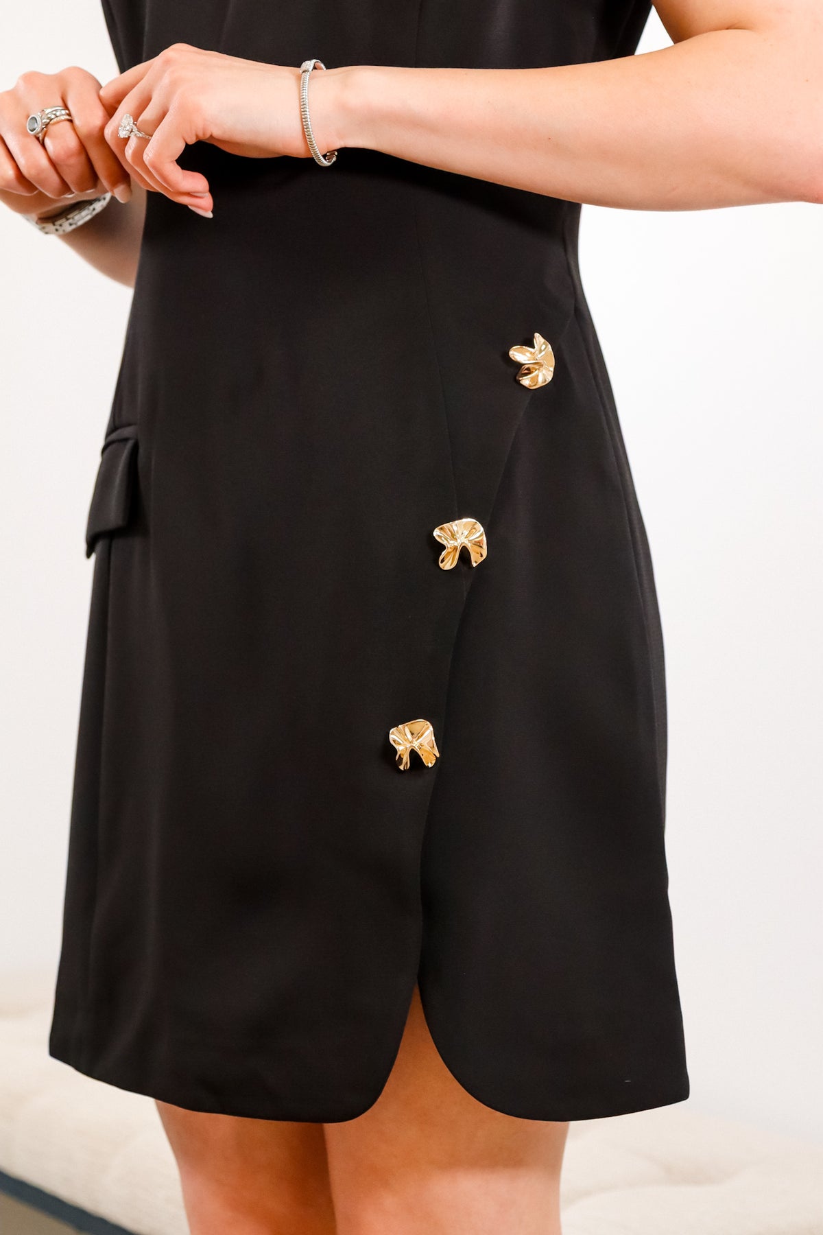 Nixie Dress- ASTR the label, short black dress, black dress with gold hardware, Black classy dress