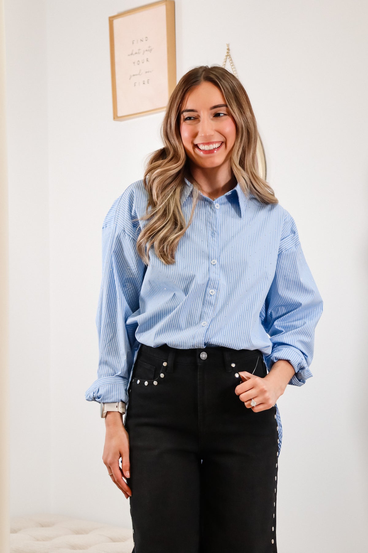 Button down, stripped button down, blue button down, sparkly button down, fall outfit Inspo, blue and white stripped button down  