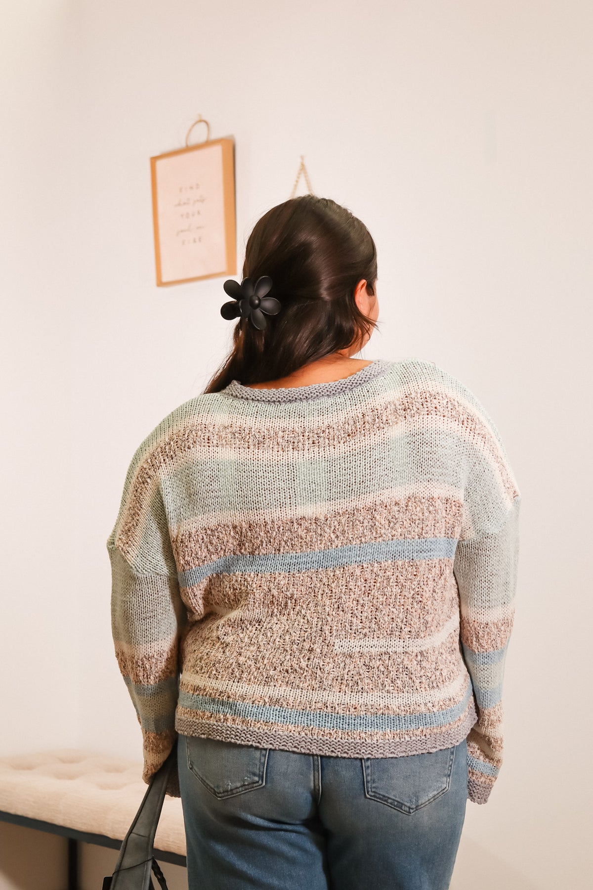 mixed knit sweater, mulit color sweater in shades of blue, grey, and white, long sleeves, oversized