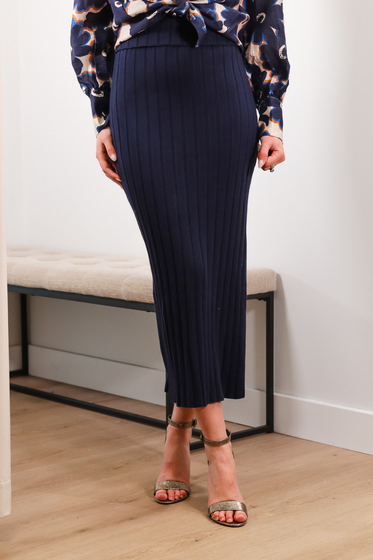 navy blue knit skirt, midi length skirt, matching set with skirt, side slit skirt