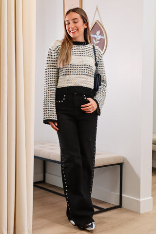 Cropped sweater, Black and white and fun patterned cropped black sweater, Fall/winter Black and white Cropped sweater