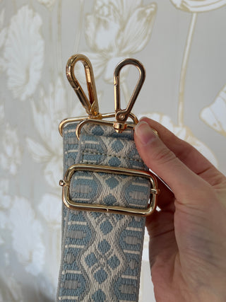 Patterned purse strap, blue and white purse strap, purse strap with gold hardware