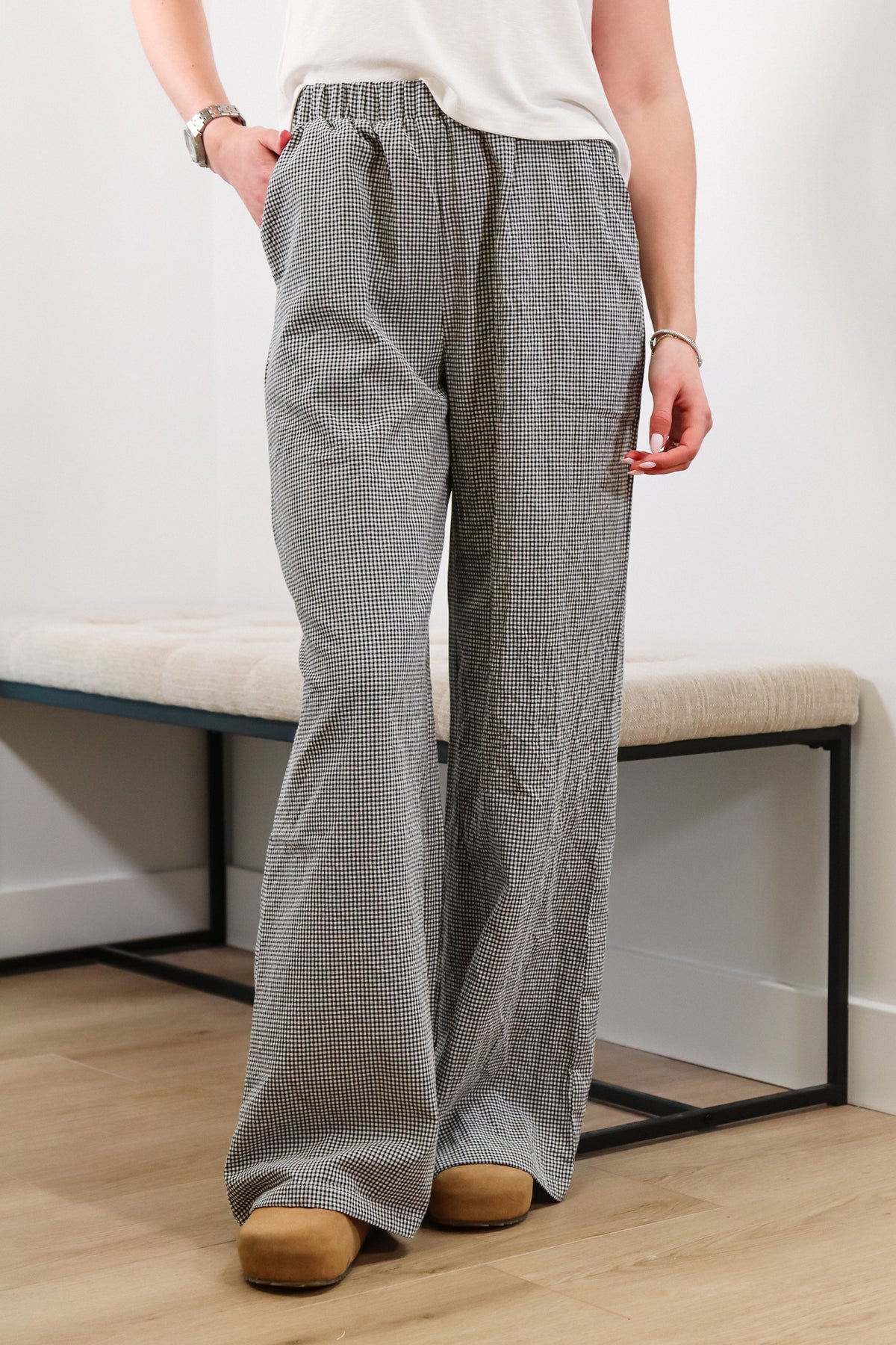 Gingham pants, black and white pants, wide leg pants