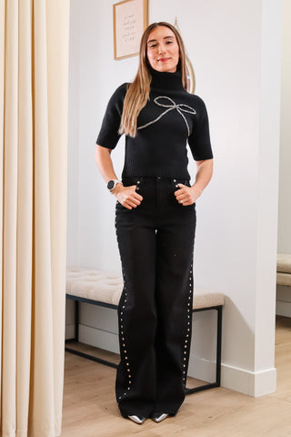 Black turtle neck short sleeve sweater with a bow on the front, Holiday black turtle neck sweater with a bow