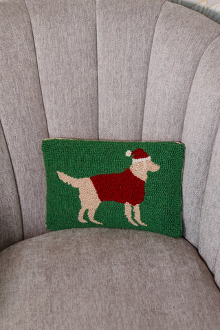 Green dog dressed as Santa pillow, festive pillow, holiday throw pillow