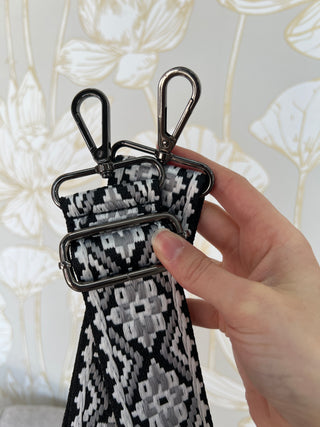 Patterned purse strap, black and white purse strap, purse strap with silver hardware