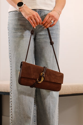 Brown strap handbag with a gold accent, unique brown classy handbag